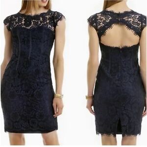 ML Monique Lhuillier Gravitate Towards You Lace Sheath Dress Navy Blue Sz 8